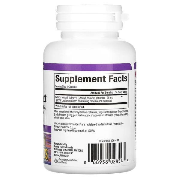 Шафран екстракт Natural Factors зняття стресу, 30 вегетаріанських капсул 960280988352 фото